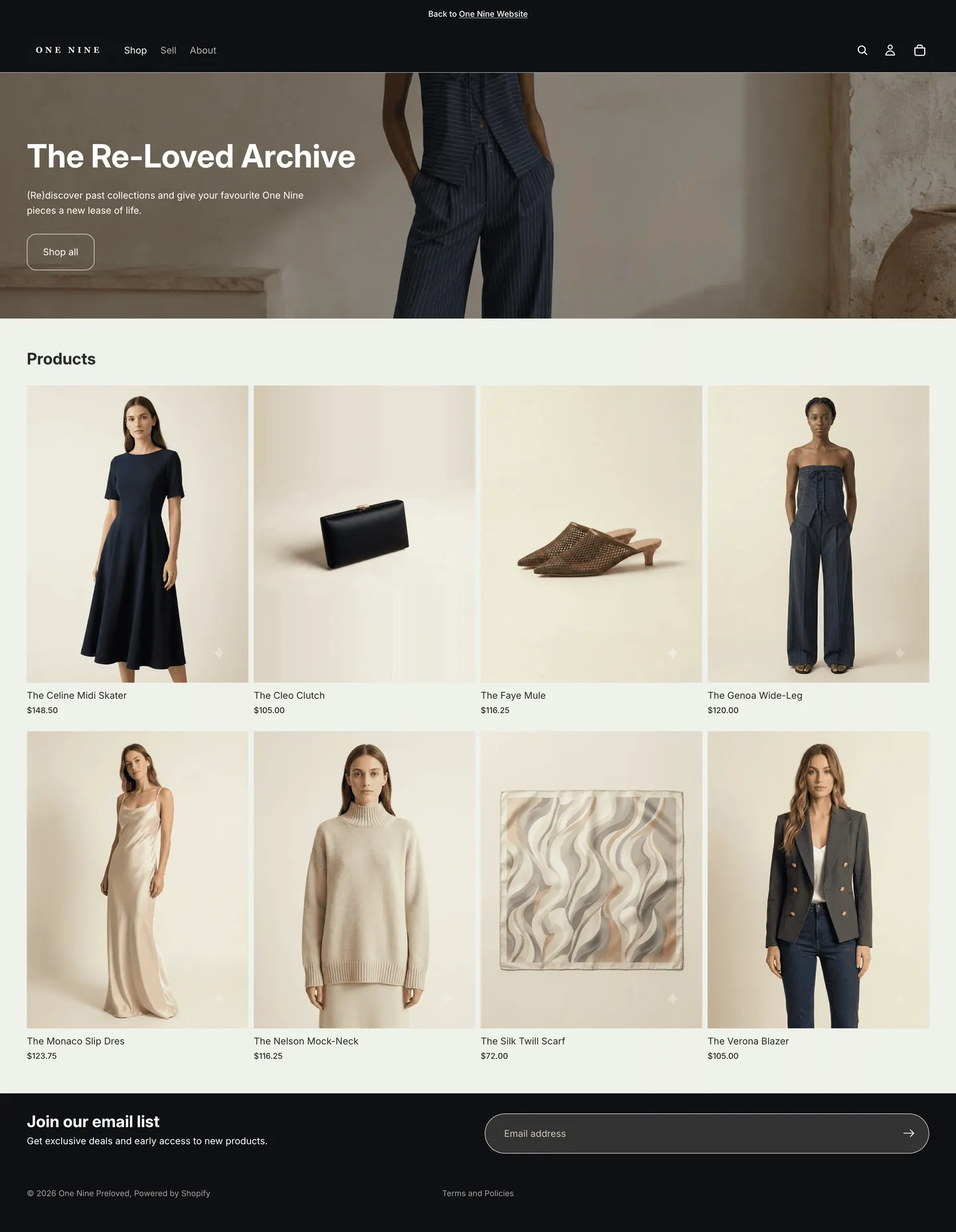 A branded resale storefront, The Re-Loved Archive, running inside a fashion brand's Shopify store